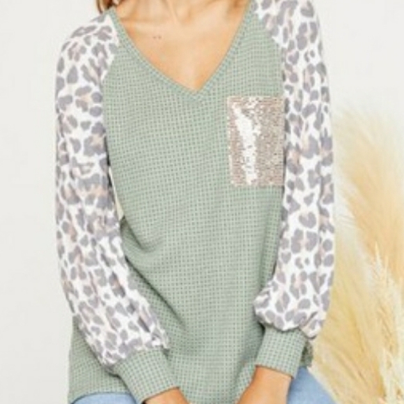 Sweetbb Tops - Last! Sage Waffle Knit Long Sleeve Top